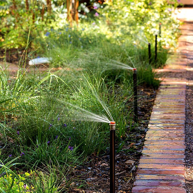 Garden sprinkler heads watering green plants beside a brick path in sunlight