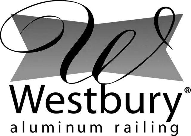 Westbury aluminum railing logo with stylized black script over a gray geometric background