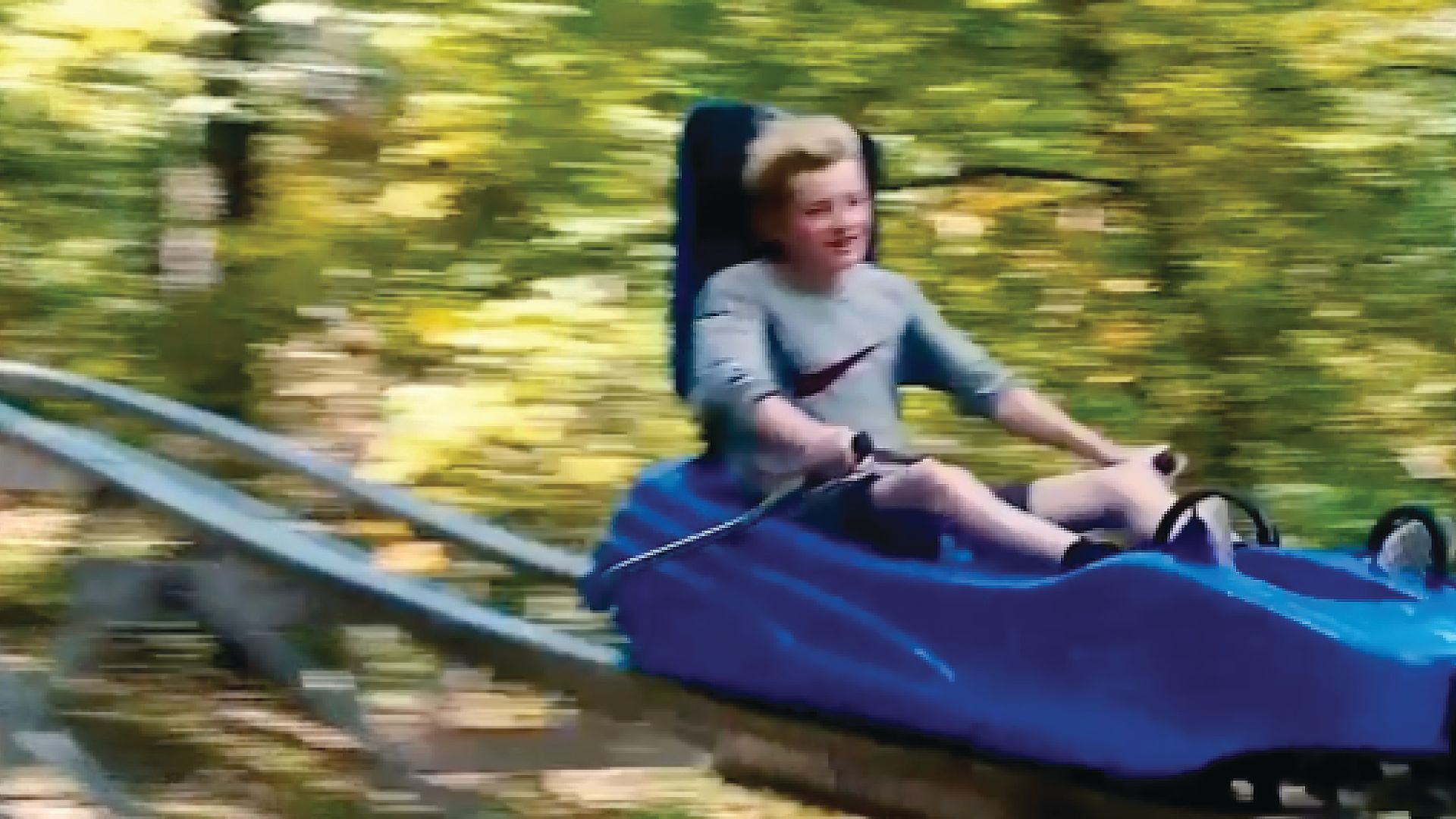 Smiling young man riding a blue mountain coaster cart through the woods