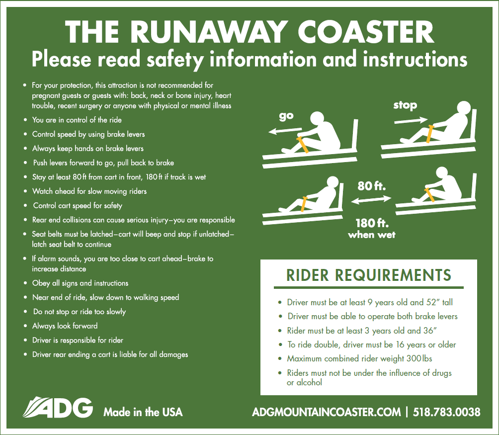 Green infographic outlining rider requirements for the mountain coaster, including height, weight, and safety rules