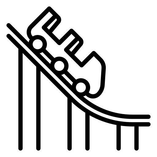 Roller coaster icon with a train descending a steep track