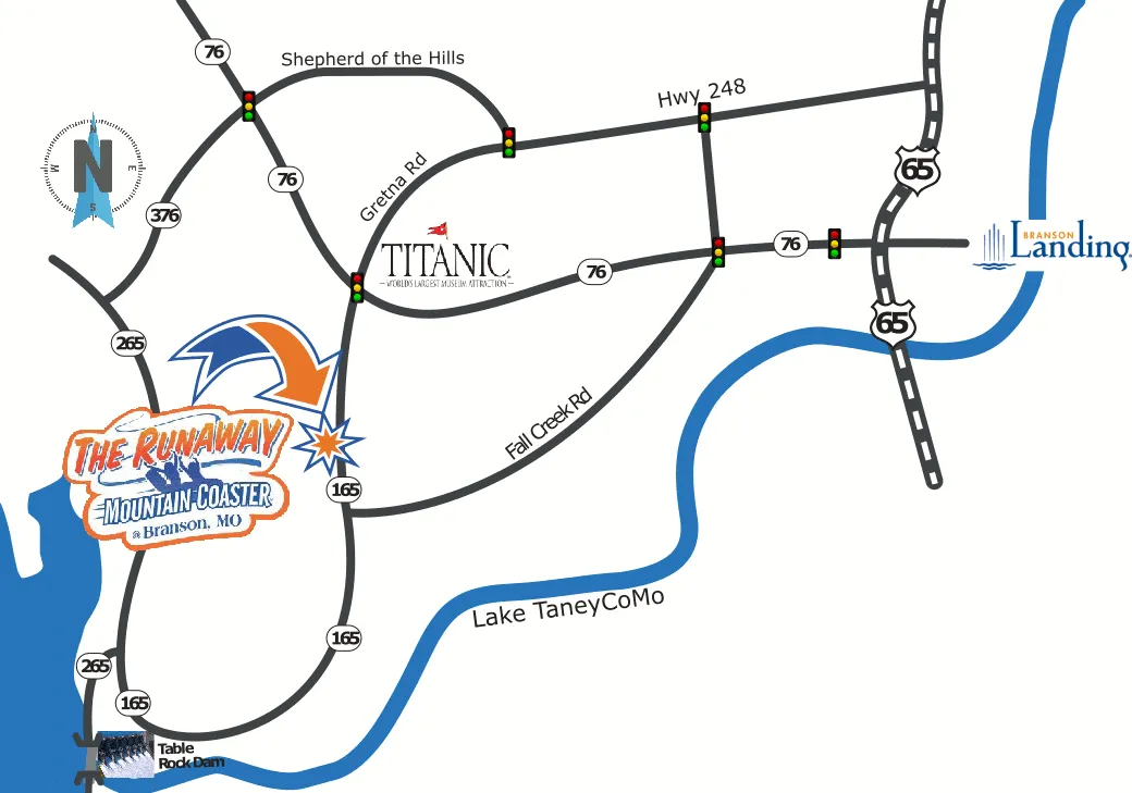 A map of the area and attractions nearby Branson Mountain Adventure