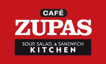 The logo for cafe zupas soup salad and sandwich kitchen