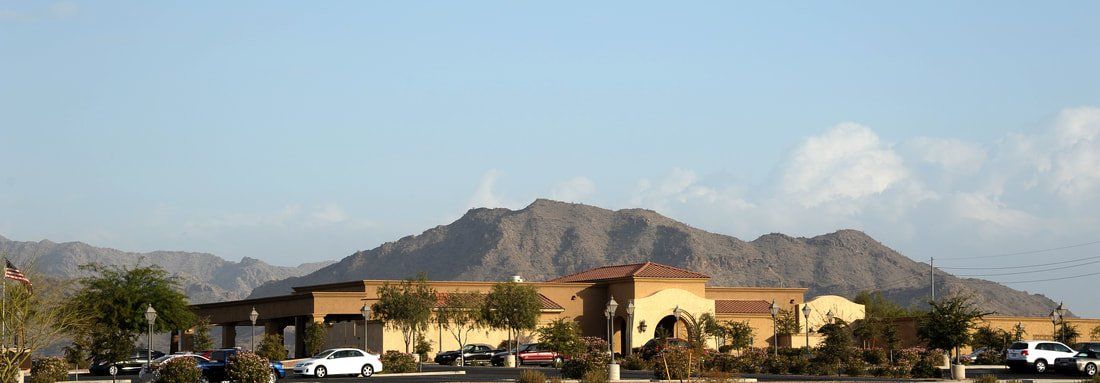 A row of houses with mountains in the background.