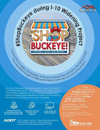 A blue circle with the words `` shop buckeye '' on it.
