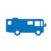 Blue bus silhouette with windows and wheels.