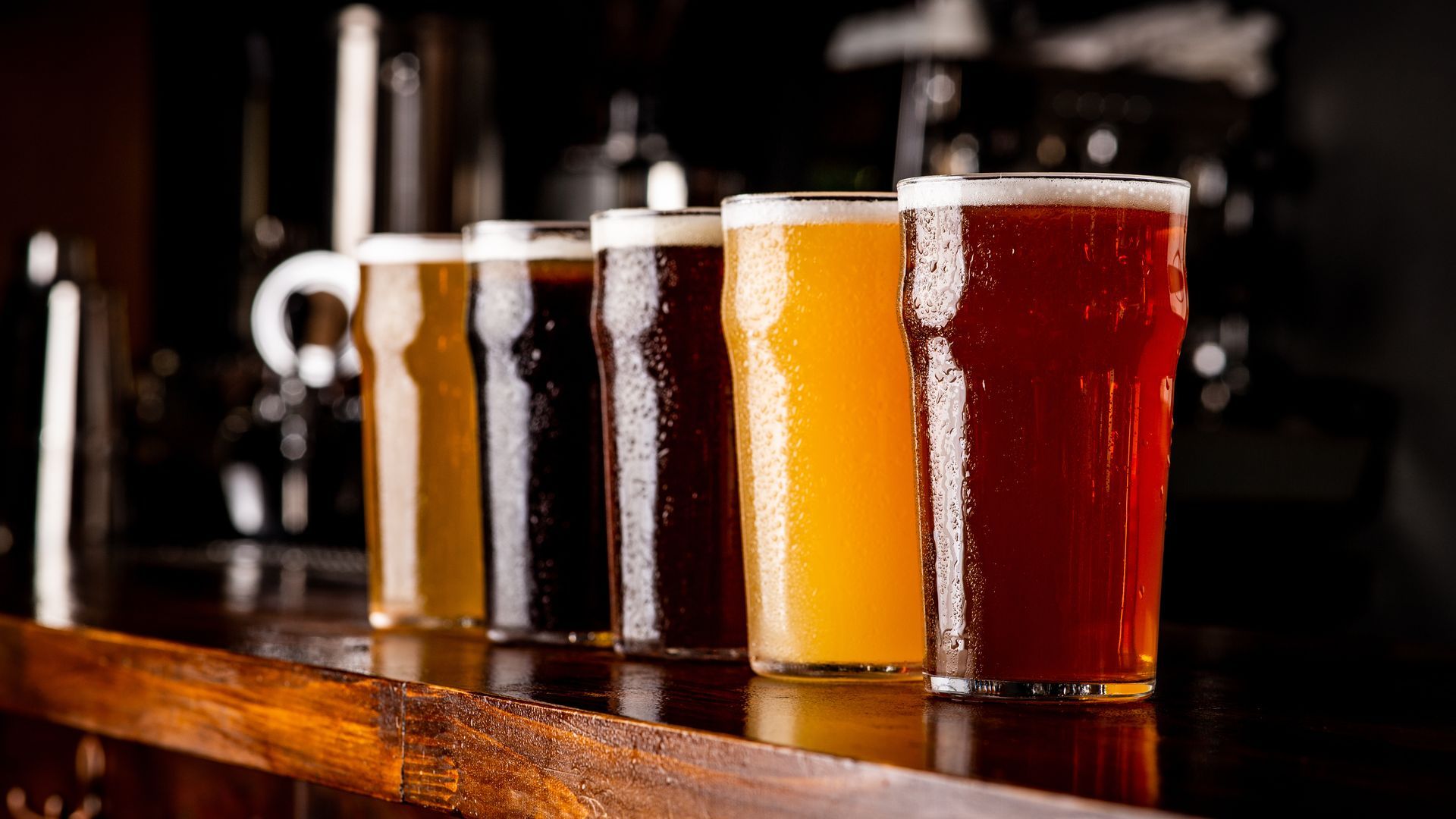 A row of five glasses filled with varying shades of beer, from pale gold to dark stout, on a wooden bar counter.