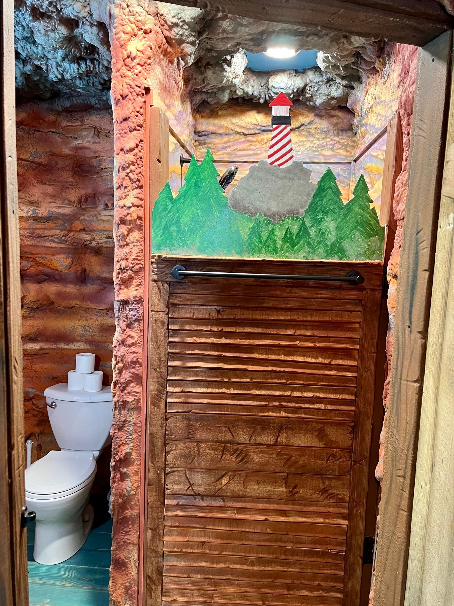 Rustic bathroom with a wooden door, toilet, and lighthouse decor.