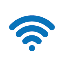 Blue Wi-Fi signal icon, showing curved lines radiating outwards, indicating wireless internet connection.