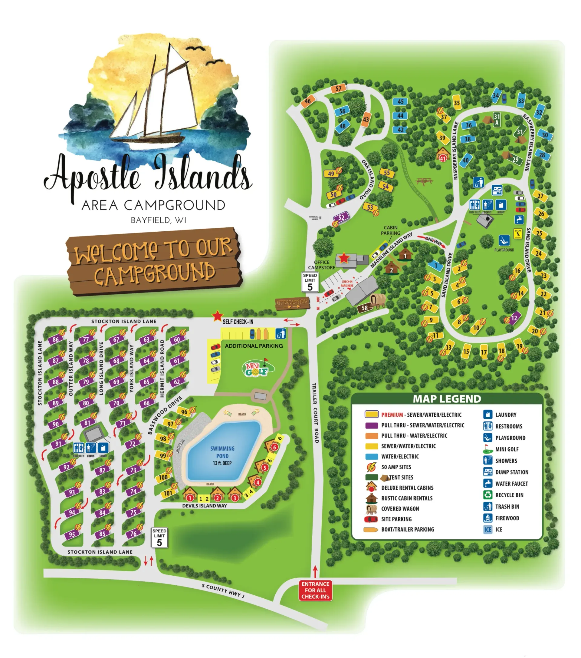 Map of Apostle Islands Area Campground, showing campsites, facilities, roads, and a lake, with a nautical logo.