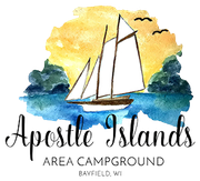 Watercolor sailboat on blue water, sunset backdrop, "Apostle Islands Area Campground," Bayfield, WI.