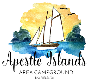 Watercolor sailboat on blue water, sunset backdrop, "Apostle Islands Area Campground," Bayfield, WI.