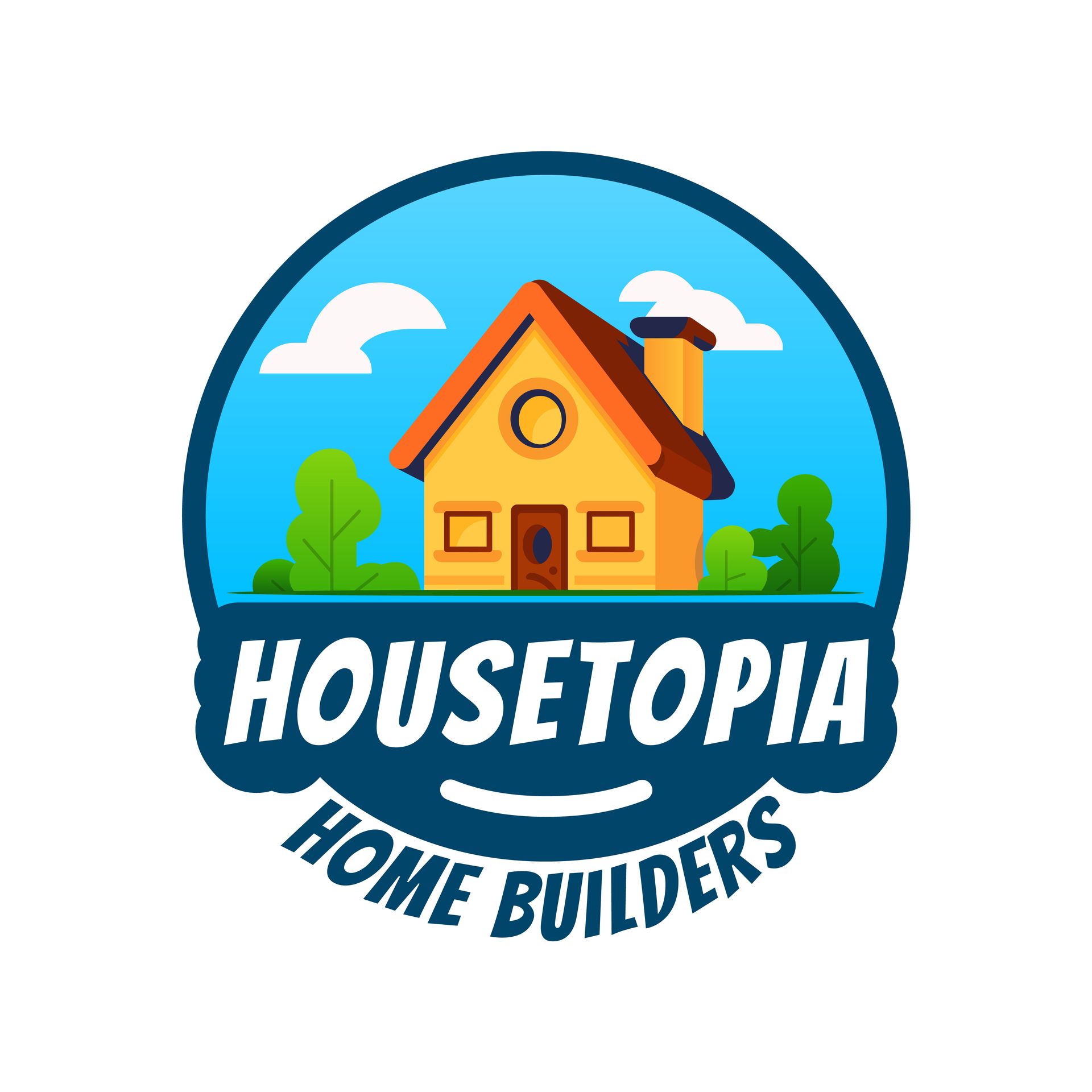 Logo for Housetopia Home Builders: cartoon house with blue sky background, text "Housetopia Home Builders".