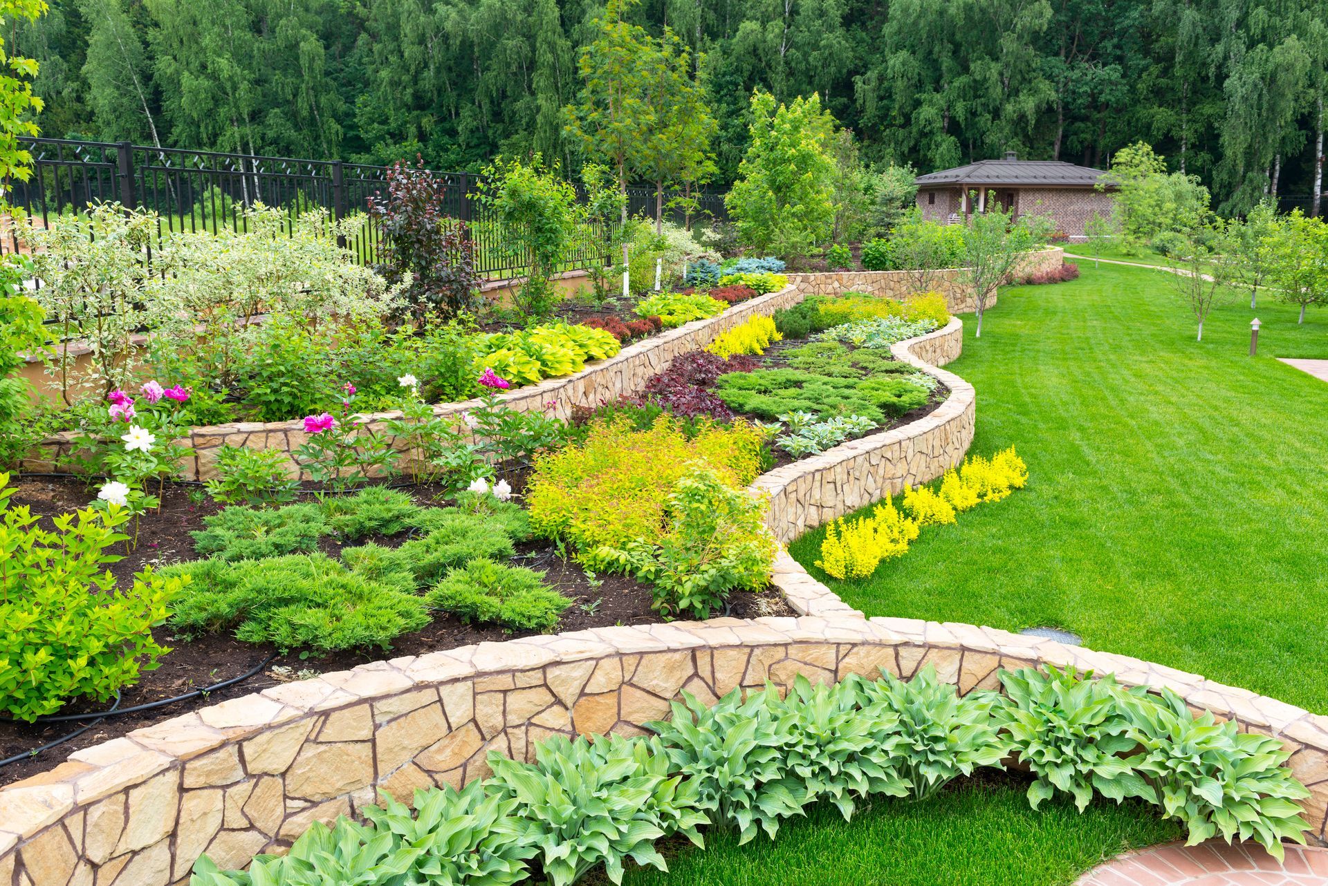 Curved stone garden beds with lush green plants and yellow flowers on a sunny hillside landscape
