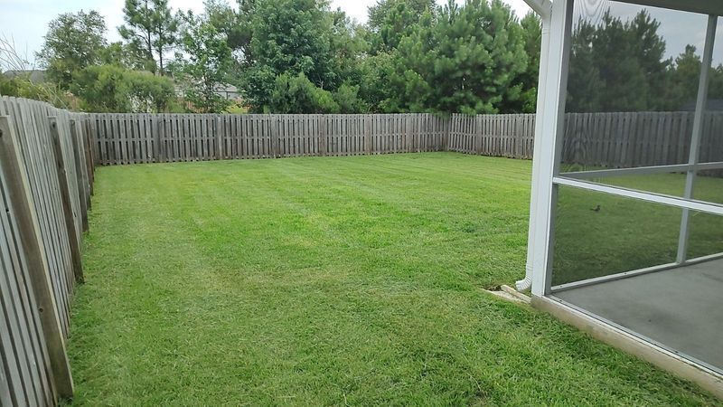 Backyard with neatly mowed grass, wooden fence, and screened porch on the right