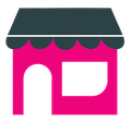 Pink storefront with dark teal awning and white door and window icons