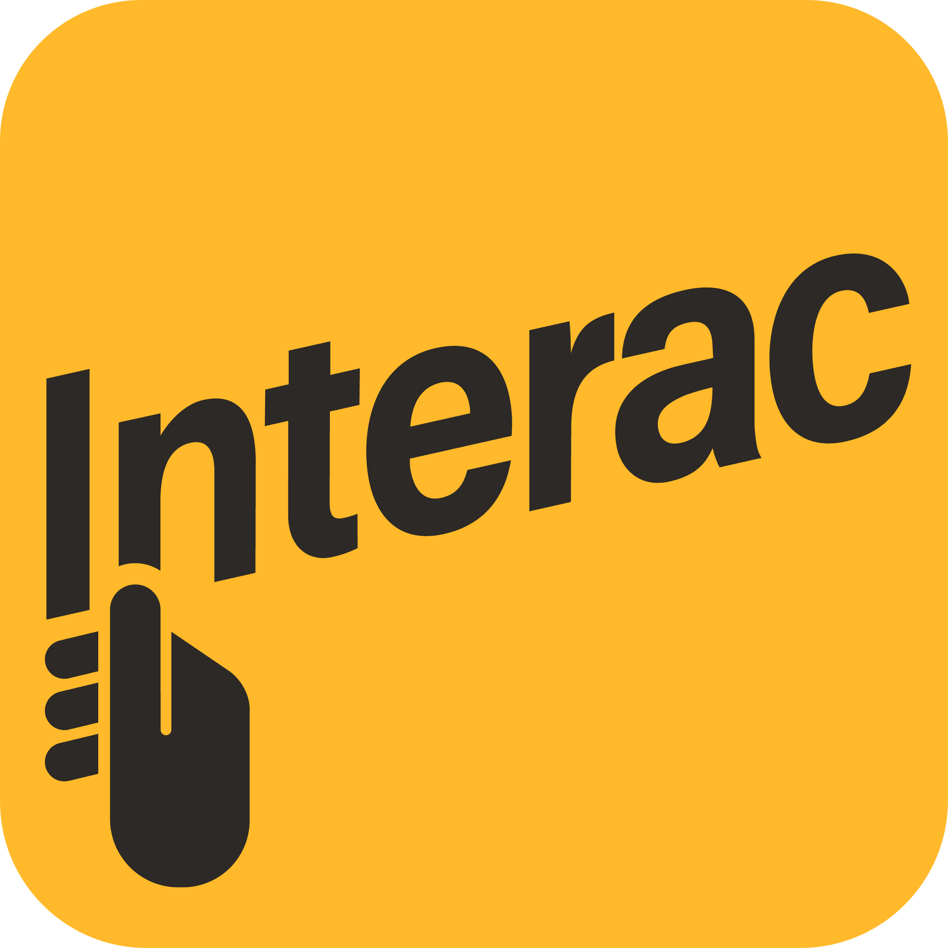 Interac logo on yellow background with a black tapping finger icon