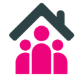 Pink family icon under a dark gray house roof
