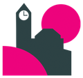 Stylized dark building with a clock tower against bright pink circles on a white background