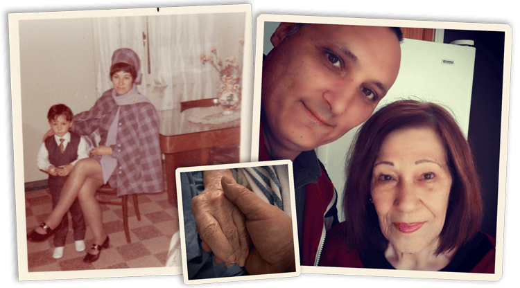 Photo collage of two family snapshots and a close-up of two people with a hand holding a heart shape