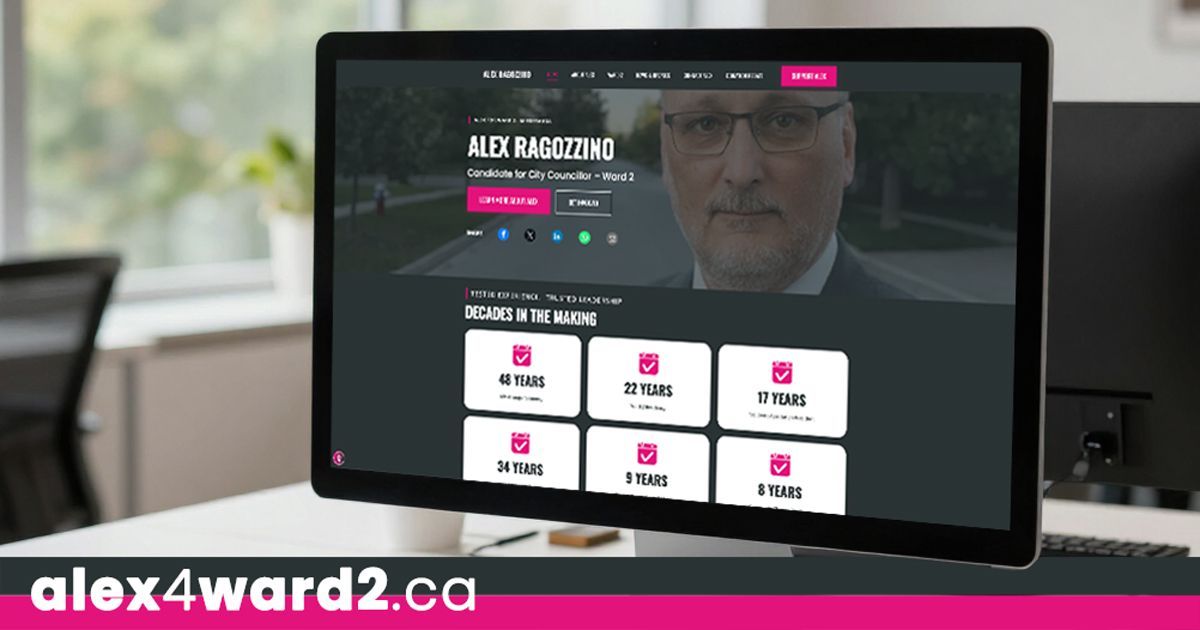 Website homepage displayed on a monitor with a portrait hero banner and pink-accented navigation tiles