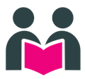 Two stylized figures holding an open pink book icon