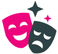 Theater masks in pink and dark gray with smiling and sad expressions, with star accents