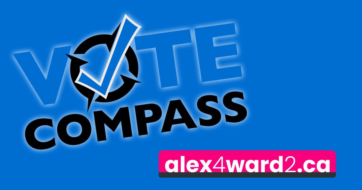 Blue “VOTE COMPASS” graphic with a checkmark and alex4ward2.ca link