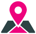 Pink location pin above stylized gray mountains on a white background