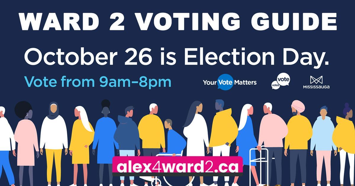 Ward 2 voting guide: October 26 election day, vote 9am–8pm, with colorful crowd and alex4ward2.ca