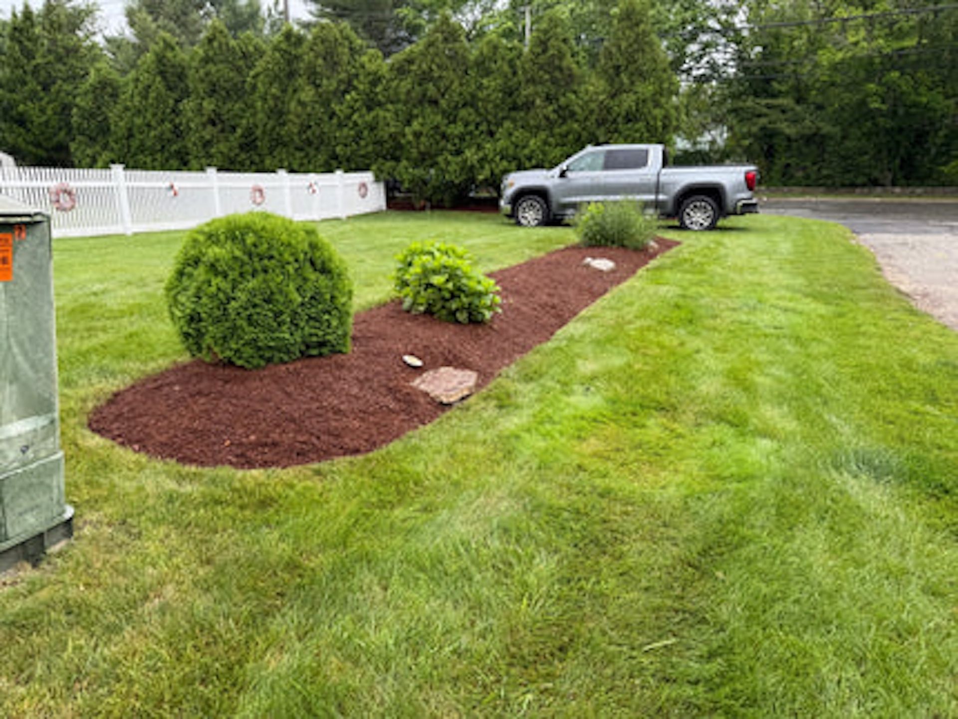 A landscaped garden bed with mulch, two small shrubs, and stones, situated in a green lawn with a white fence and truck.