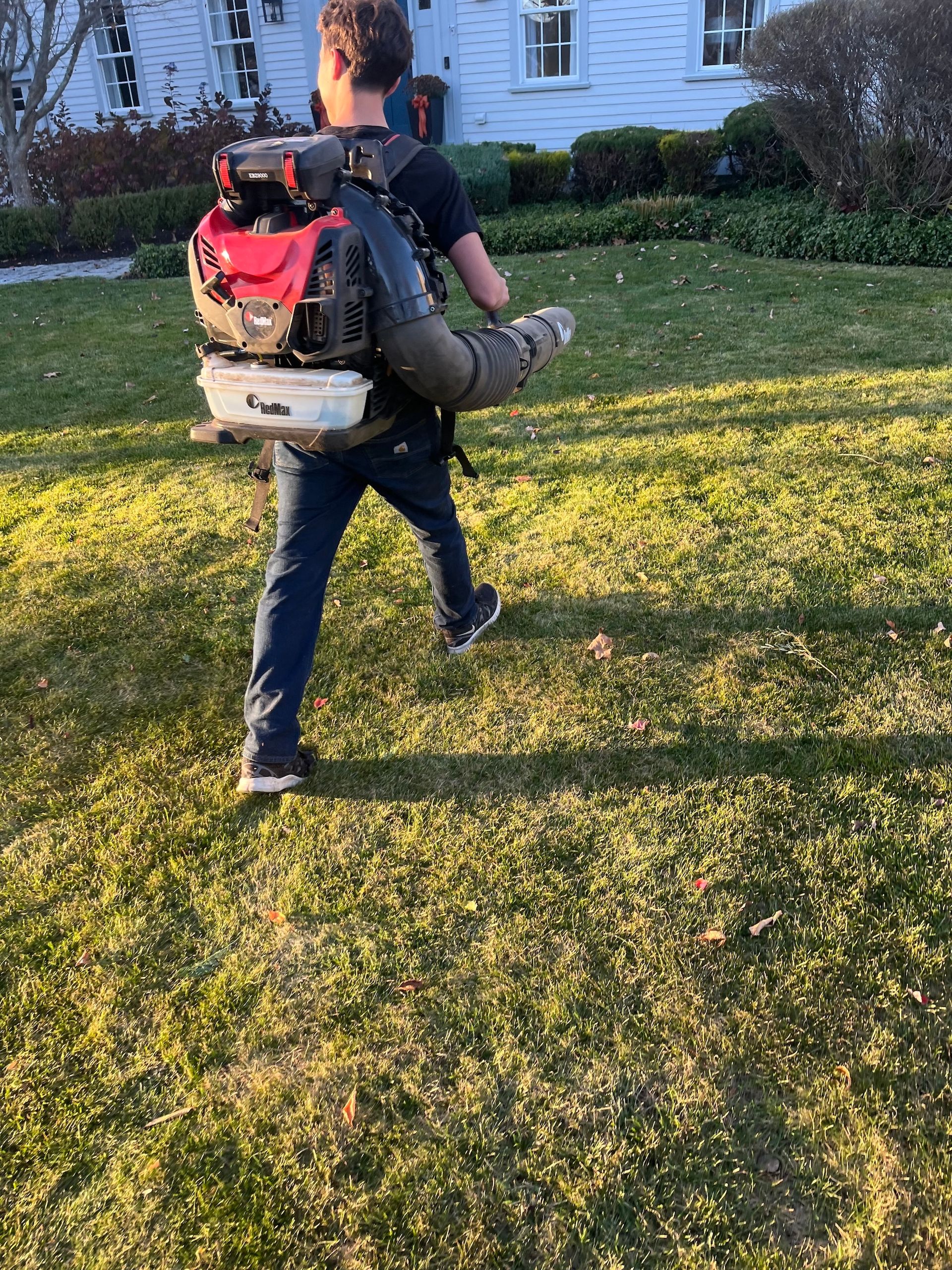 A person wearing a backpack leaf blower walks across a sunny, grassy lawn toward a light-colored house.
