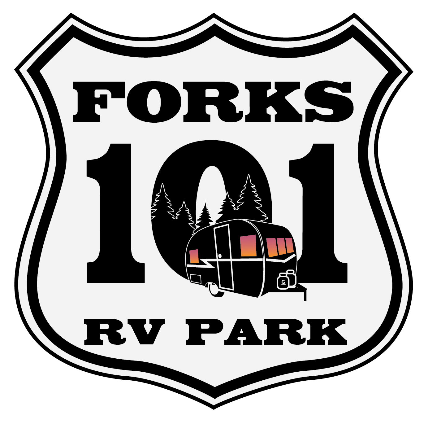 A black and white logo for forks 101 rv park