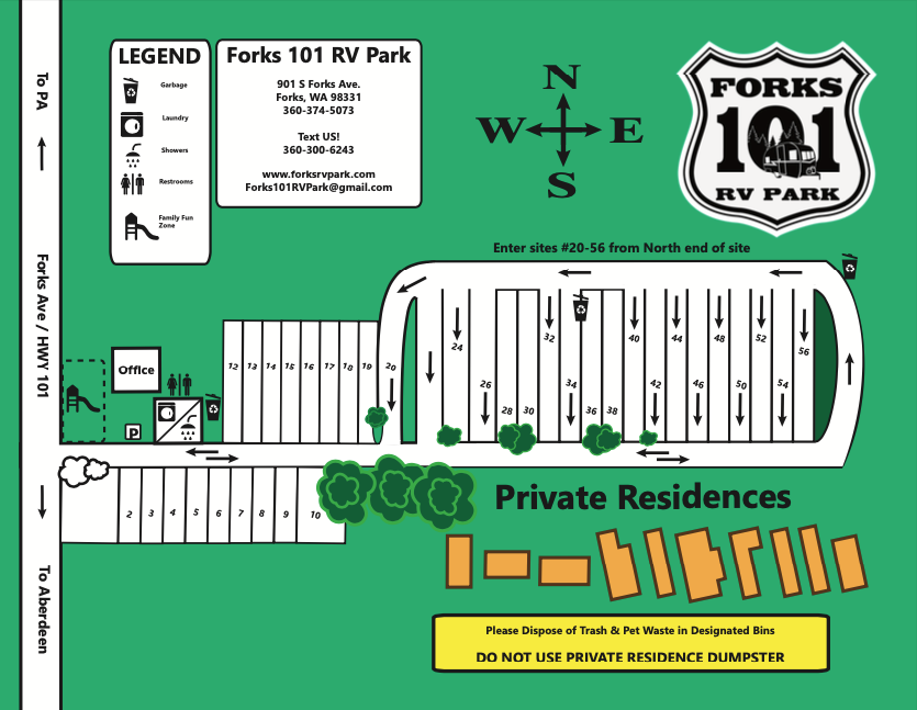A map of forks 101 rv park showing private residences