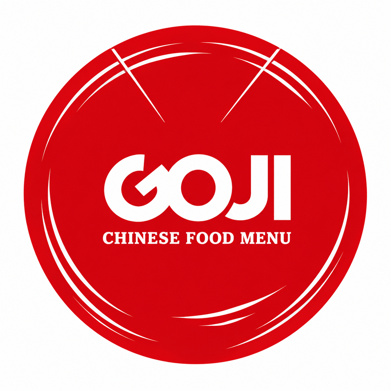 Logo circolare rosso GOJI con la scritta «CHINESE FOOD MENU» in bianco