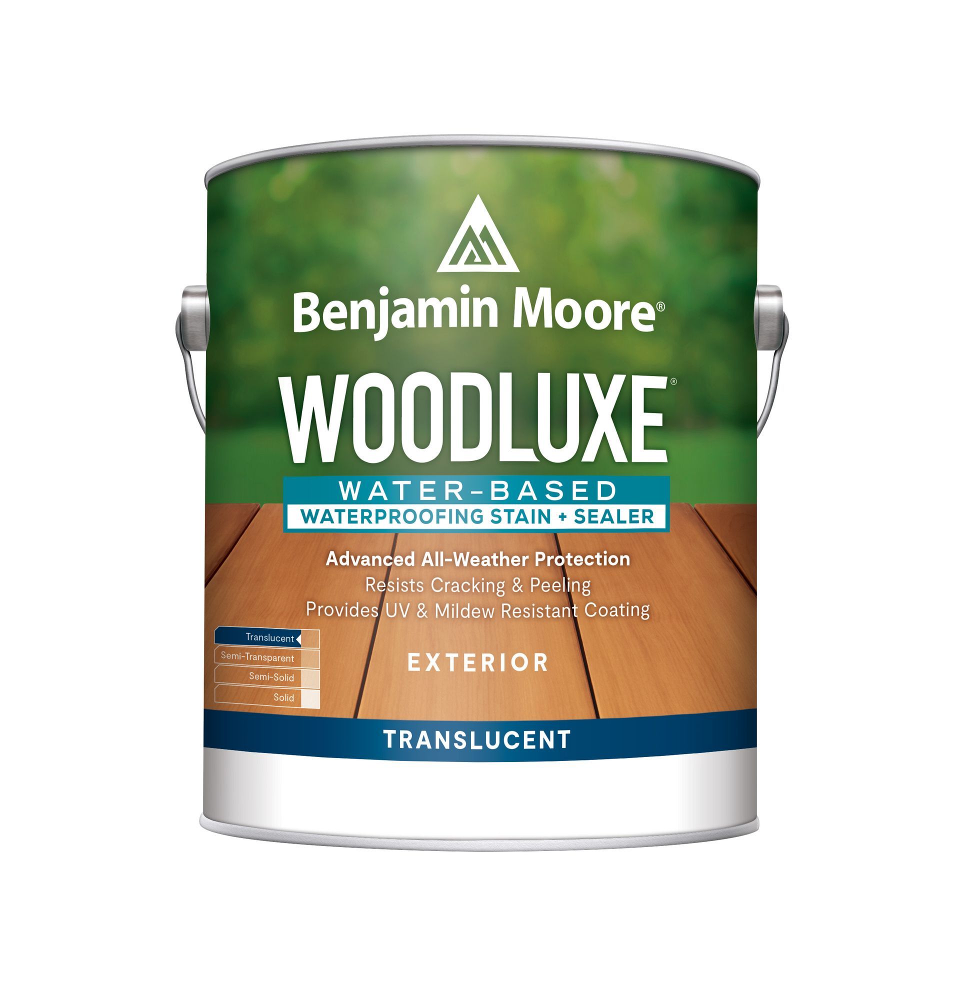 A can of benjamin moore woodluxe water based waterproofing stain and sealer