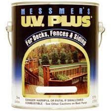 A can of messmer 's uv plus for decks , fences and siding.