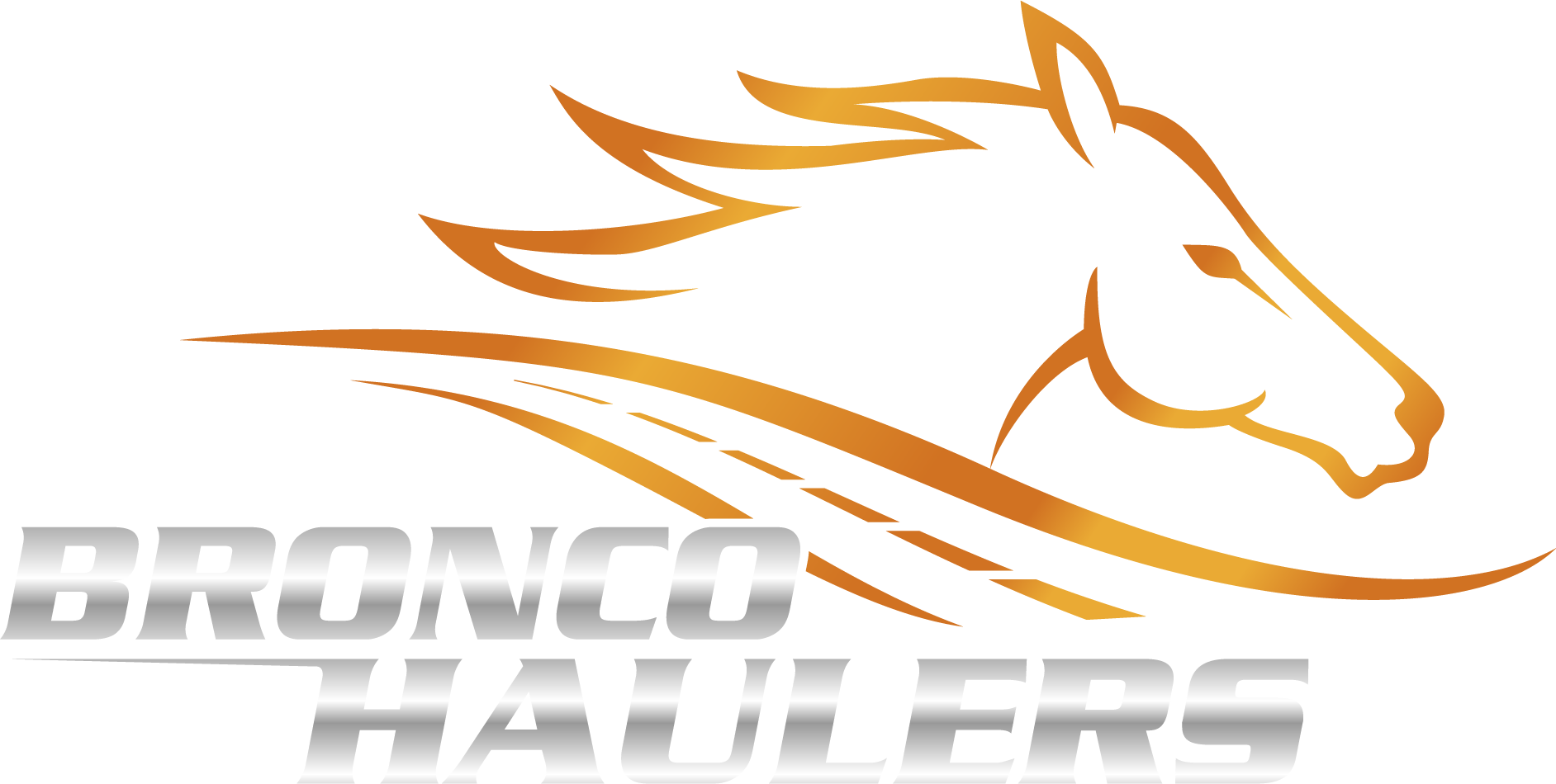 A logo for Bronco Haulers with a horse 's head on a road.