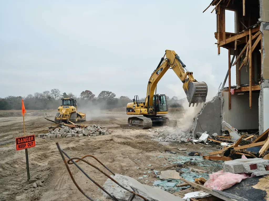 Excavators demolish a structure beside a muddy construction site with debris and dust.