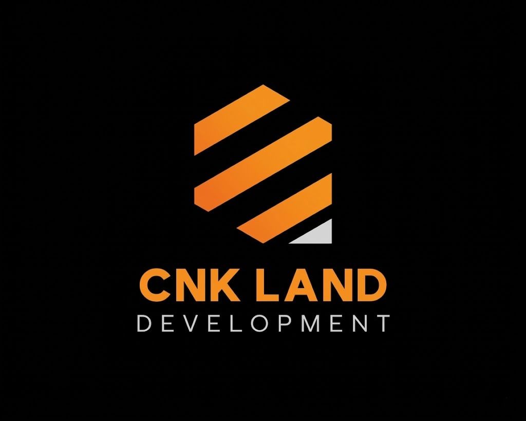 CNK Land Development logo with orange geometric stripes on a black background