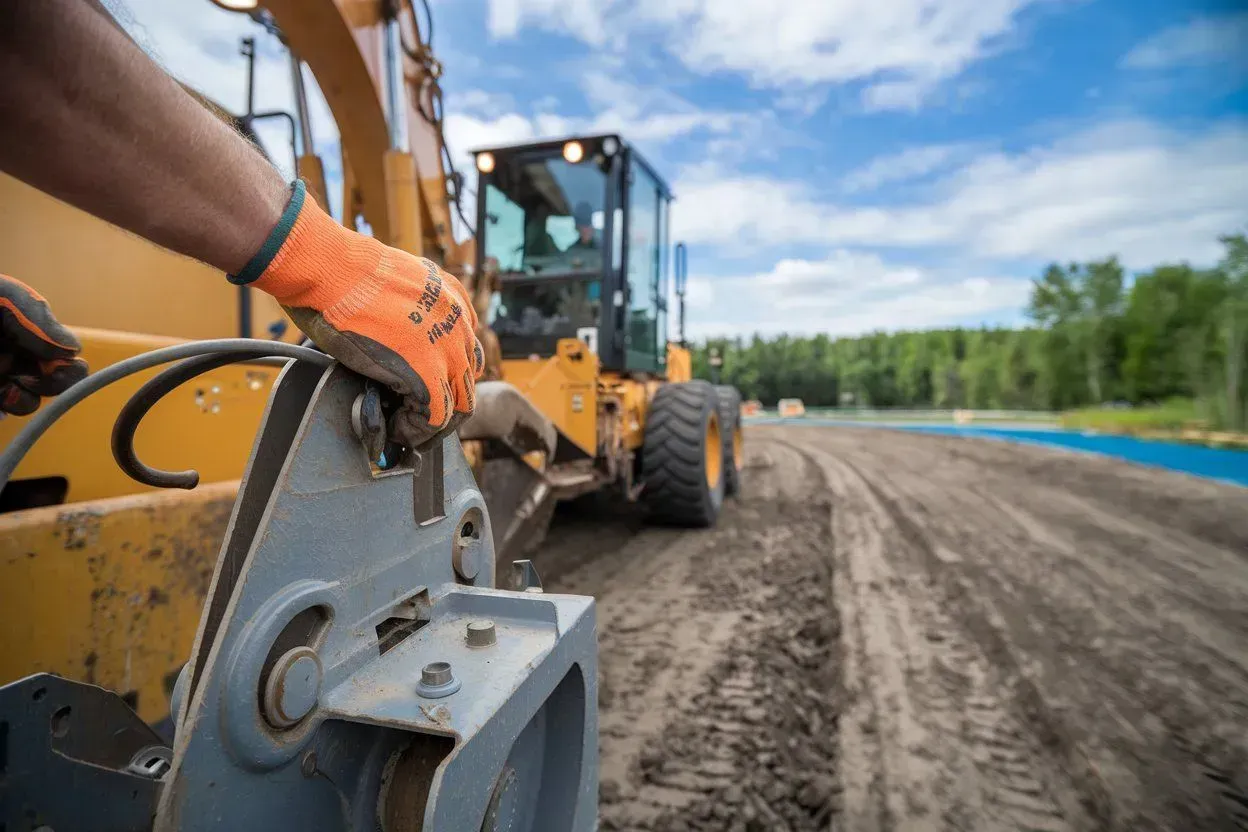 Orange-gloved worker operating heavy machinery on a dirt road construction site