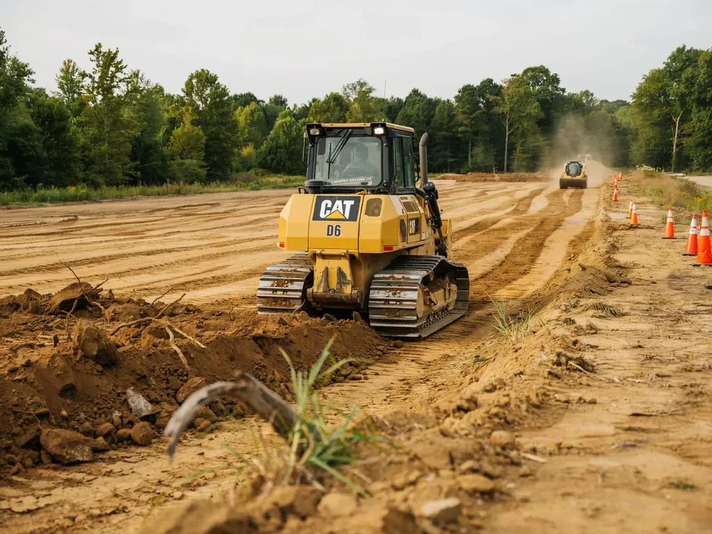 Yellow CAT bulldozer grading a dirt road at a construction site, with cones and another machine in the distance