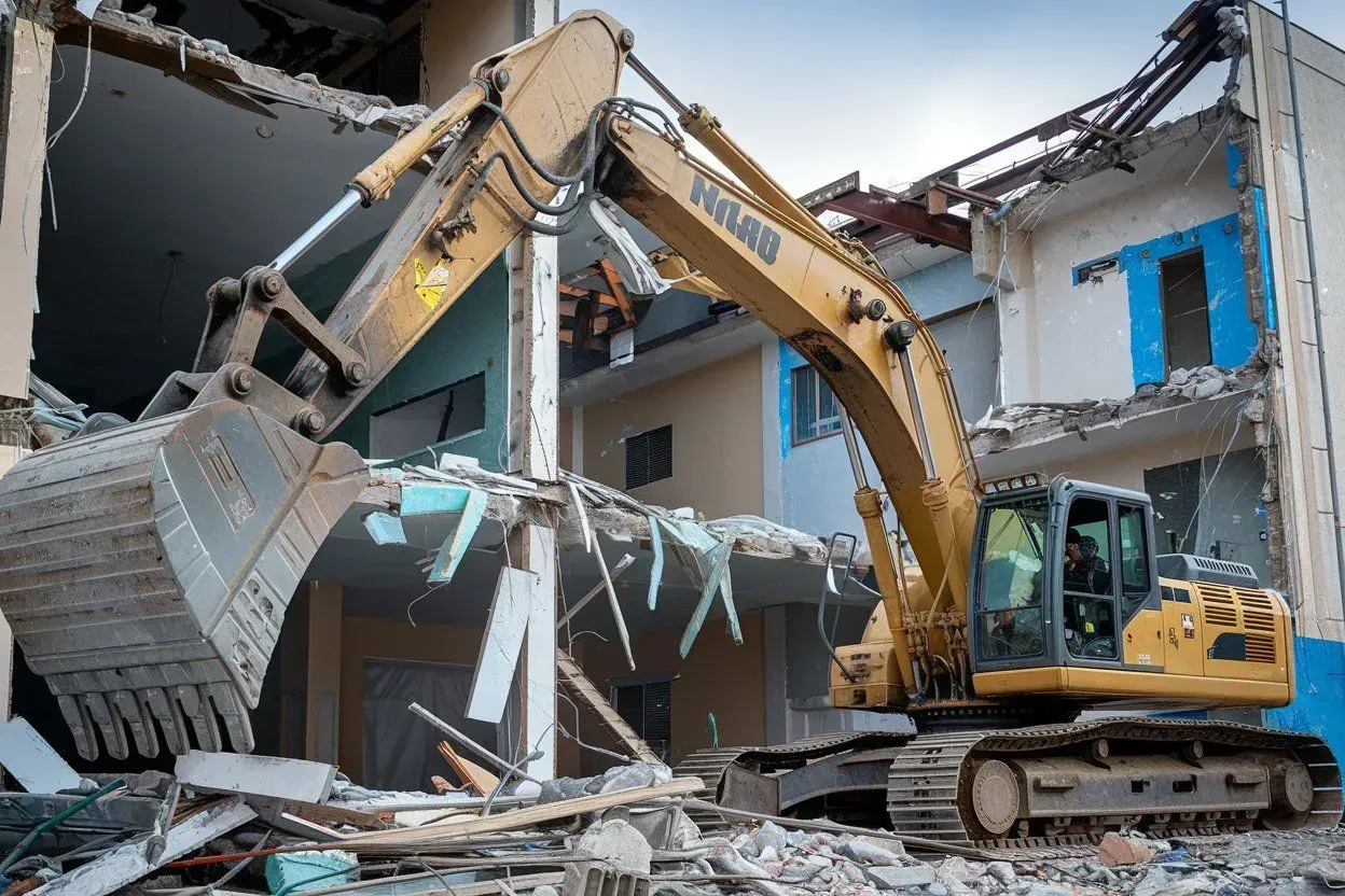 Excavator demolishing a damaged building amid rubble and debris