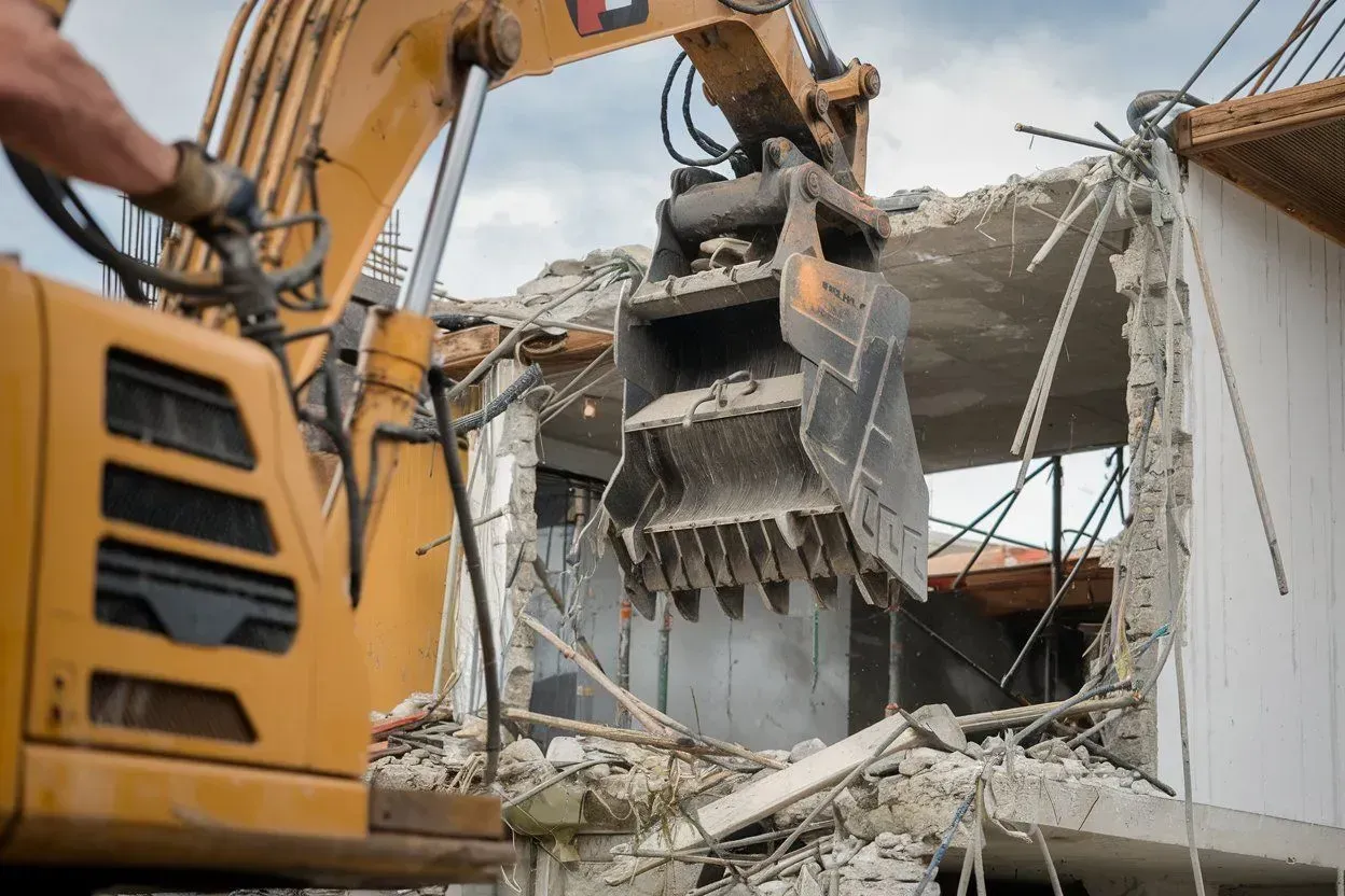 Excavator demolishing a concrete building, with rubble and debris scattered around.