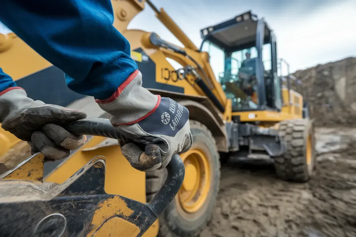 Gloved worker operating heavy construction equipment on a muddy site, with a yellow bulldozer in the background