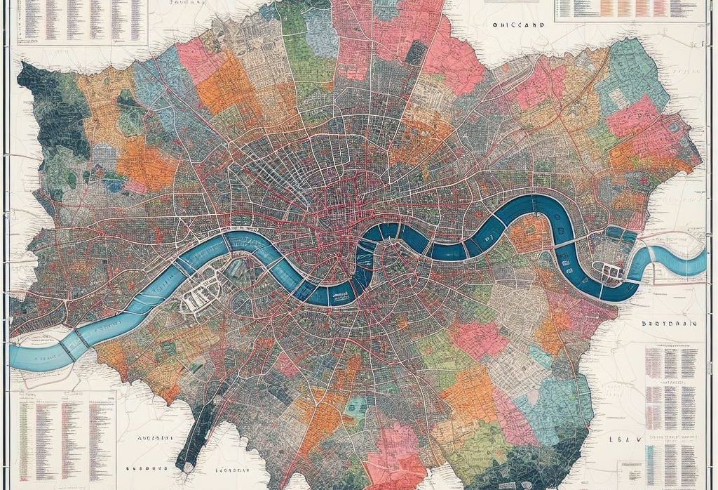 A colorful map of london with a river running through it