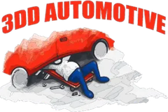 3D Automotive logo with a red car lifted on a mechanic under a jack