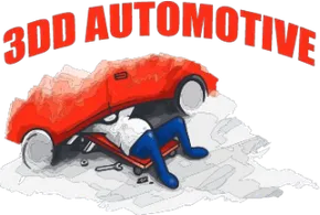 3D Automotive logo with a red car lifted on a mechanic under a jack