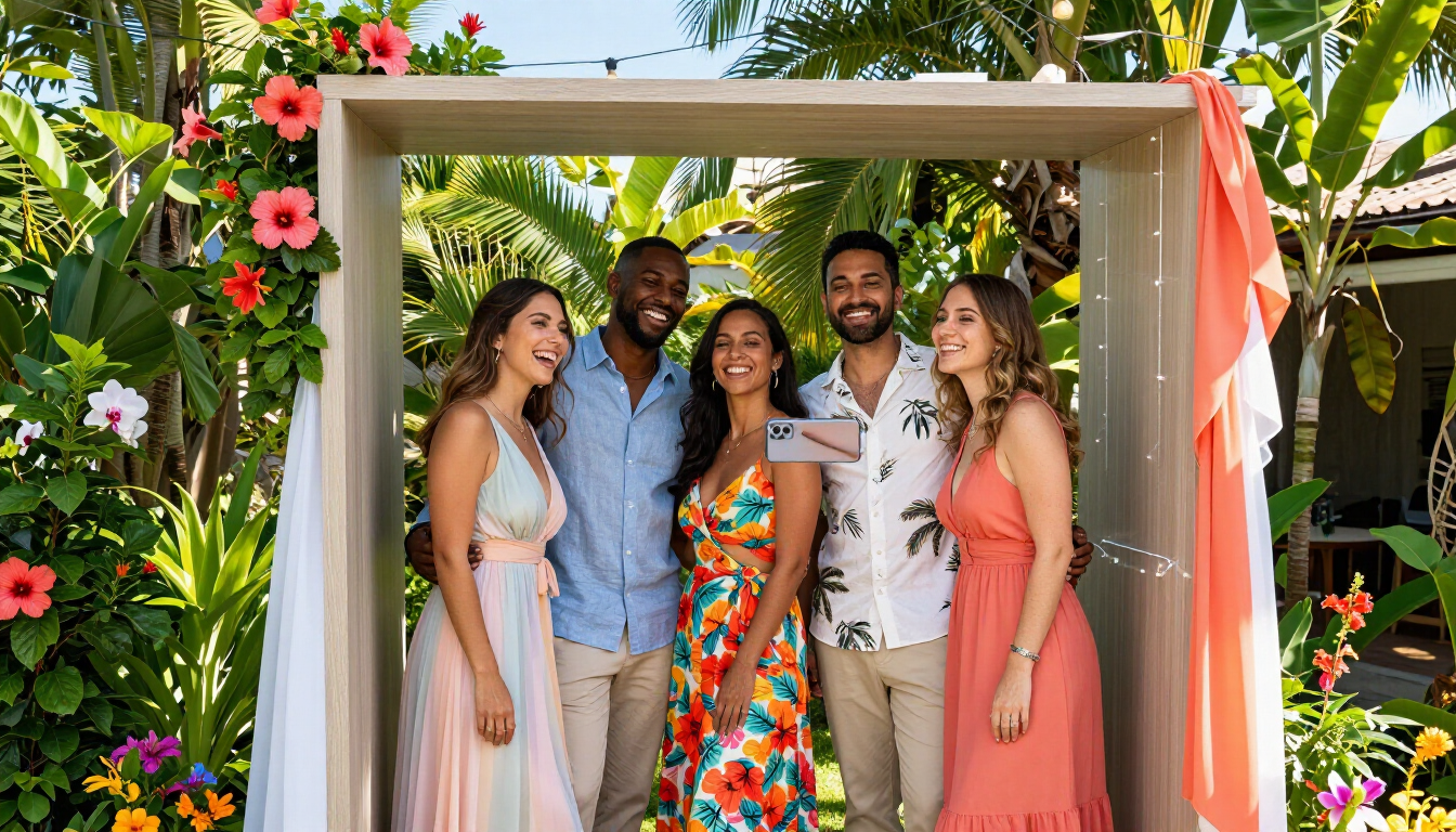 Invitées utilisant une borne selfie lors d'un mariage tropical