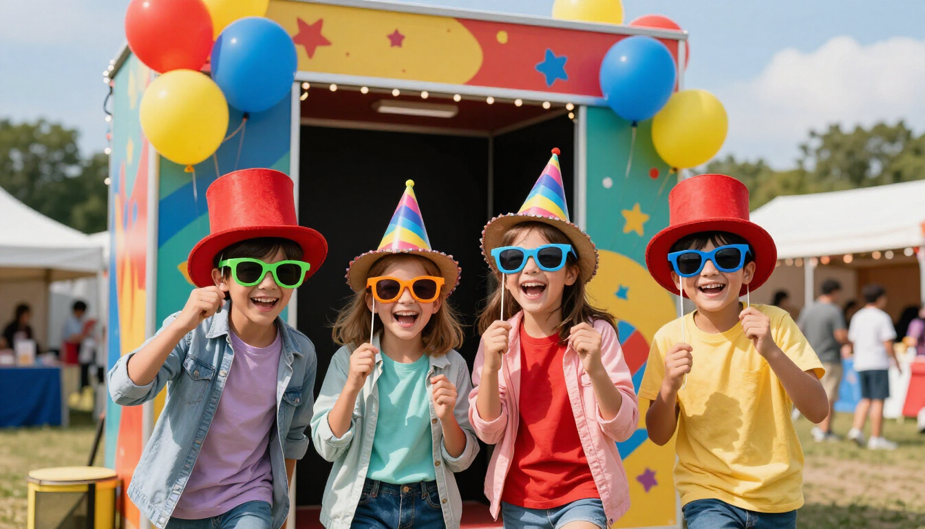 Enfants s'amusant avec des accessoires devant un photobooth lors d'une fête d'école